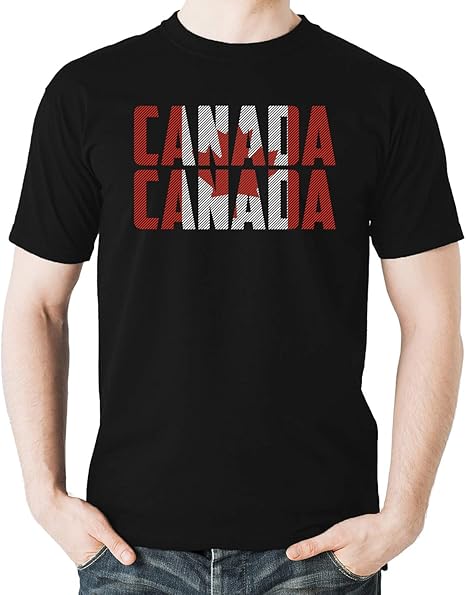 Black t-shirt with 'Canada' printed in red and white on a white background