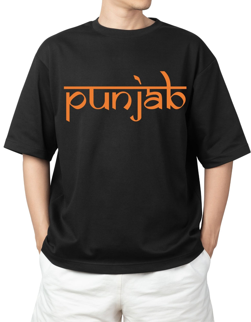 Black t-shirt with 'punjab' printed in orange on a white background