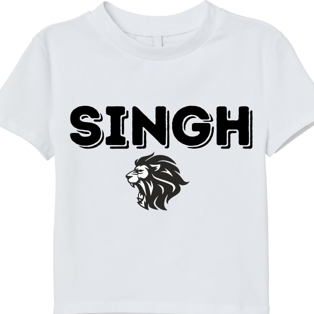White t-shirt with 'SINGH' and a lion graphic on a white background
