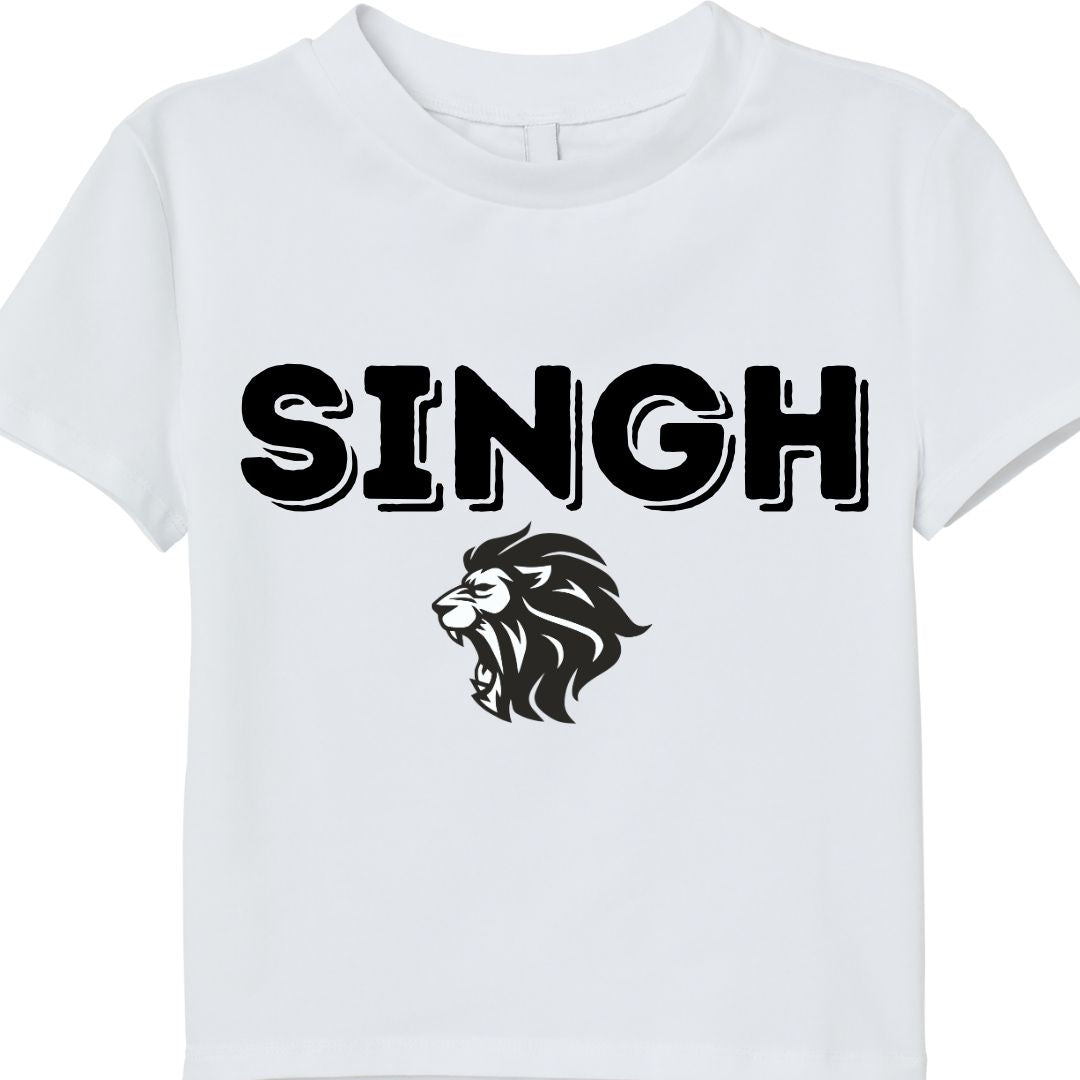 White t-shirt with 'SINGH' and a lion graphic on a white background